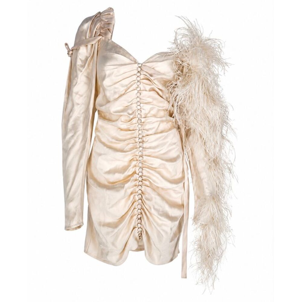 Magda Butrym Tefe Feather Trim One Shoulder Mini Dress in Cream Silk